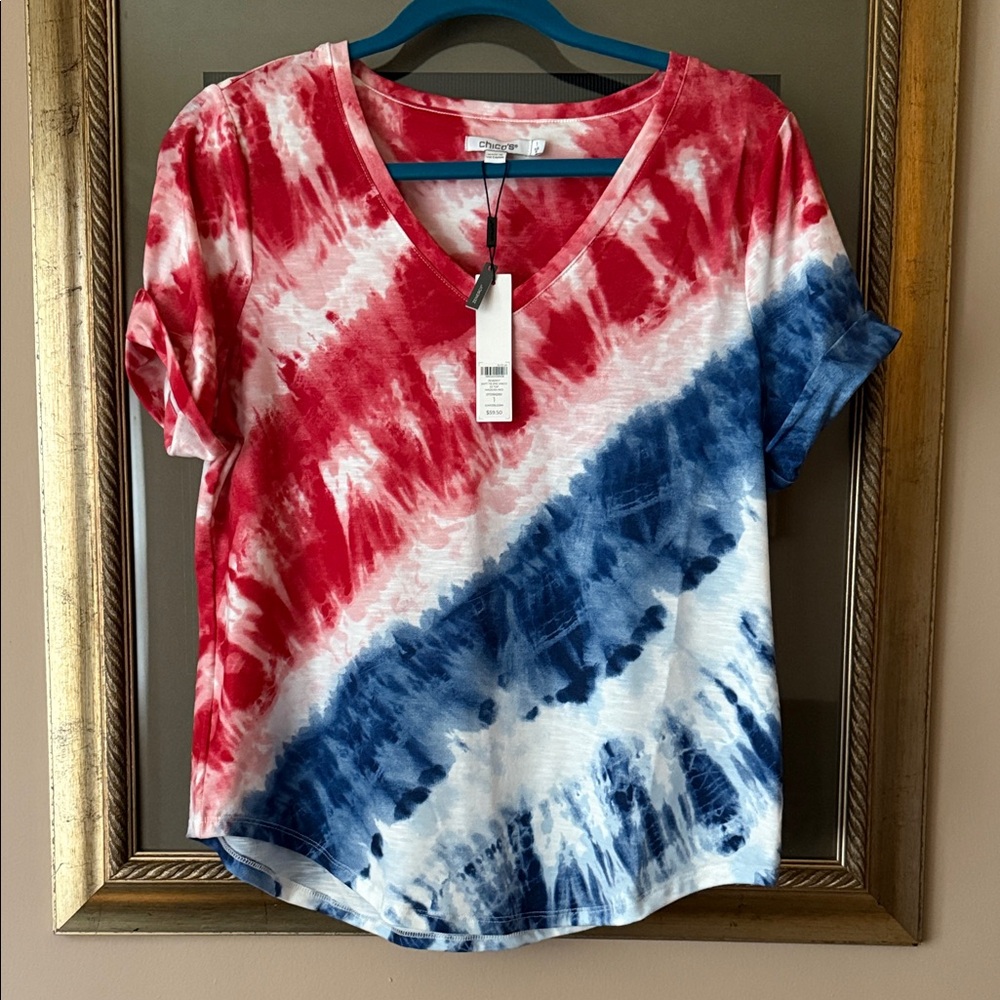 NWT Chico's Zenergy Soft Tie Dye V Neck Red Knit Top 1 (Medium)